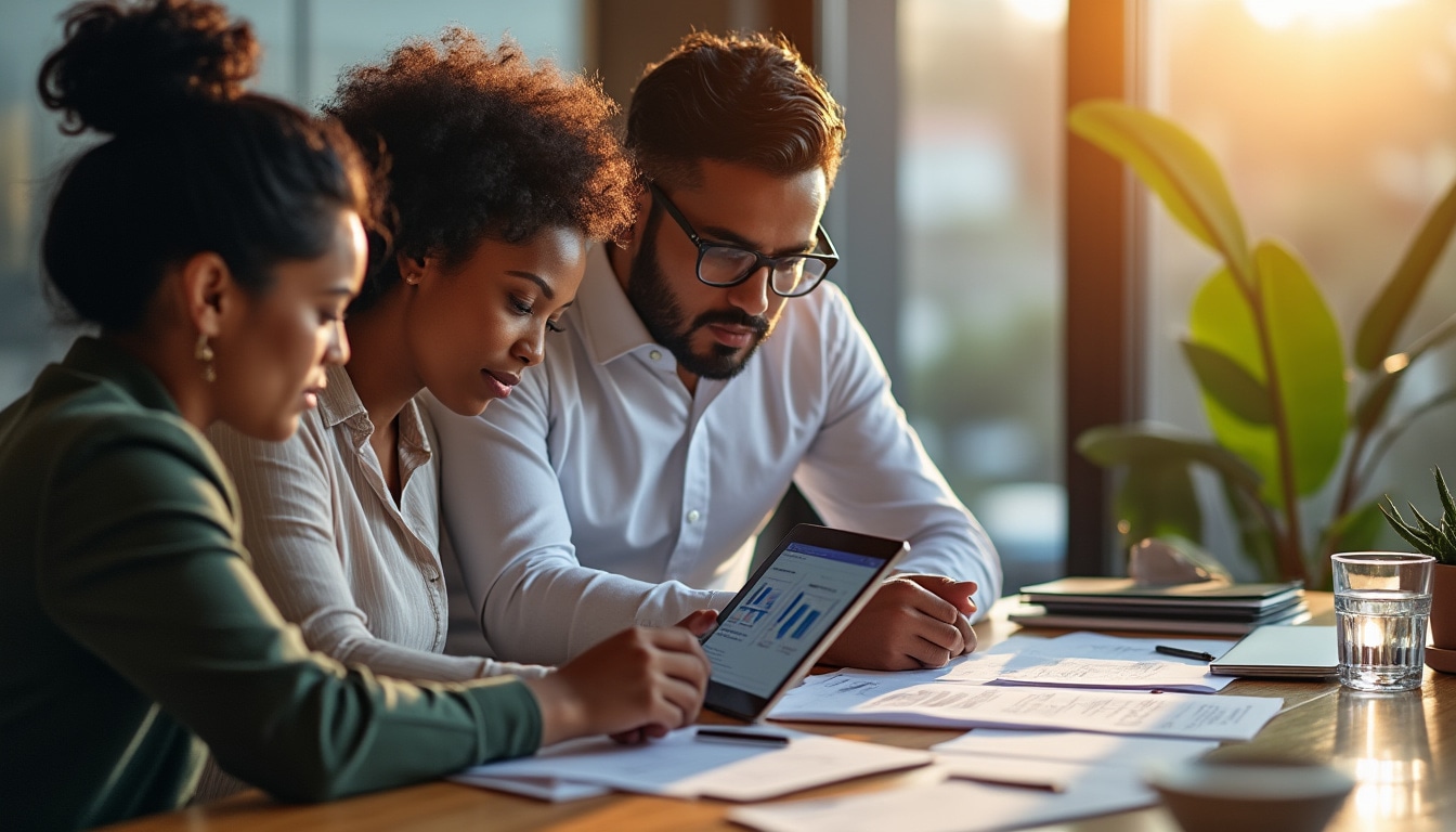 Equipo pequeño reunido alrededor de una mesa de trabajo