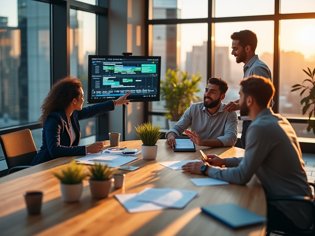 Equipo colaborando en espacio de trabajo moderno